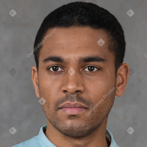 Neutral latino young-adult male with short  black hair and brown eyes