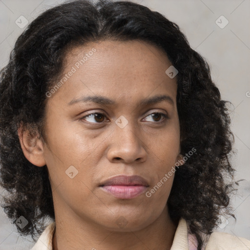 Neutral black young-adult female with medium  brown hair and brown eyes