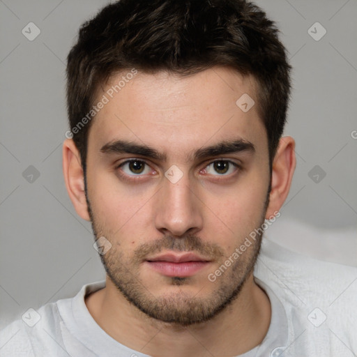 Neutral white young-adult male with short  brown hair and brown eyes