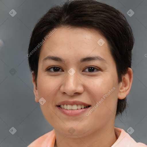 Joyful white young-adult female with short  brown hair and brown eyes