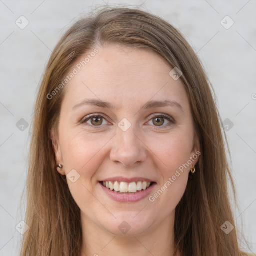 Joyful white young-adult female with long  brown hair and grey eyes