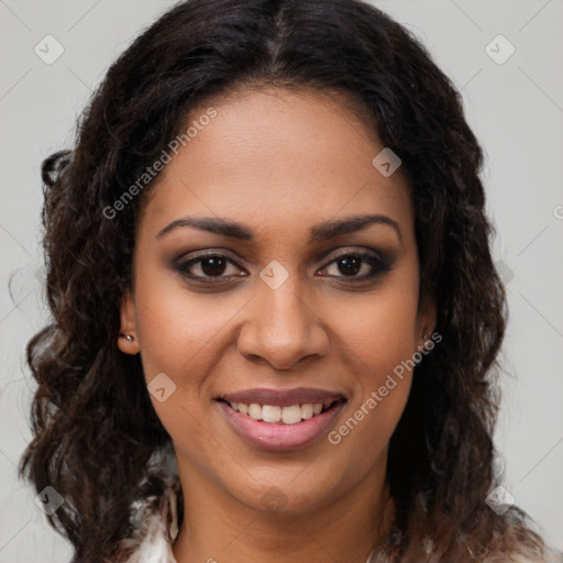 Joyful latino young-adult female with long  brown hair and brown eyes