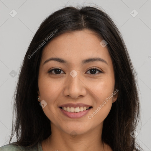 Joyful white young-adult female with long  brown hair and brown eyes