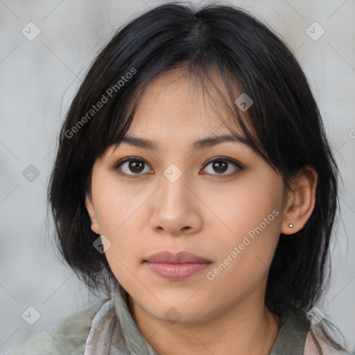 Neutral asian young-adult female with medium  brown hair and brown eyes