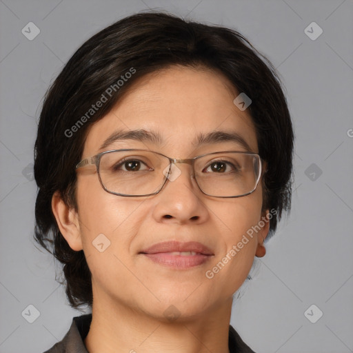 Joyful white adult female with medium  brown hair and brown eyes