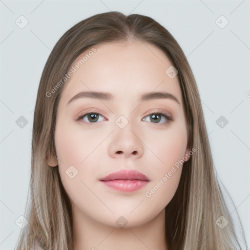 Neutral white young-adult female with long  brown hair and brown eyes