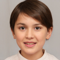 Joyful white child female with medium  brown hair and brown eyes