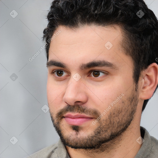 Neutral white young-adult male with short  black hair and brown eyes