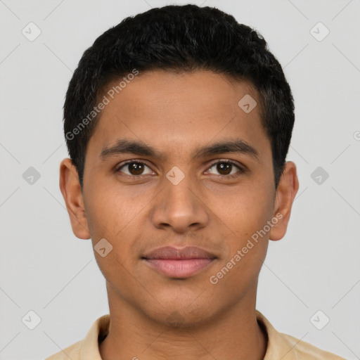 Joyful latino young-adult male with short  brown hair and brown eyes