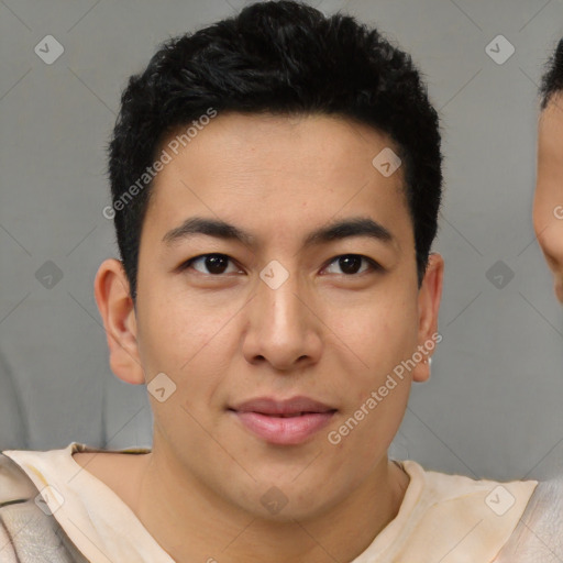 Joyful asian young-adult male with short  brown hair and brown eyes