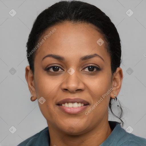 Joyful black young-adult female with short  brown hair and brown eyes