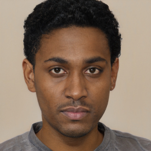 Neutral black young-adult male with short  black hair and brown eyes
