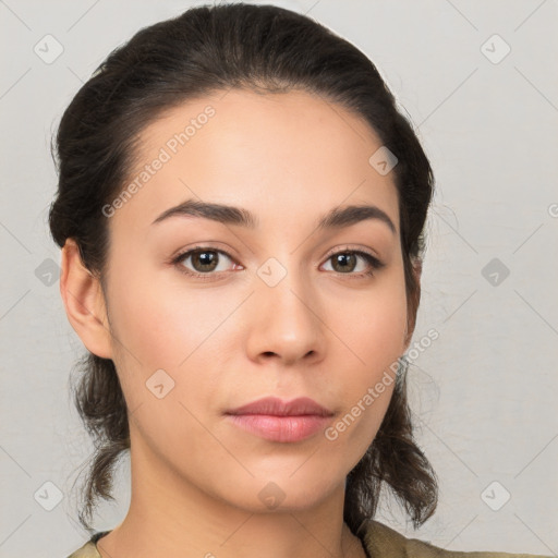 Neutral white young-adult female with medium  brown hair and brown eyes