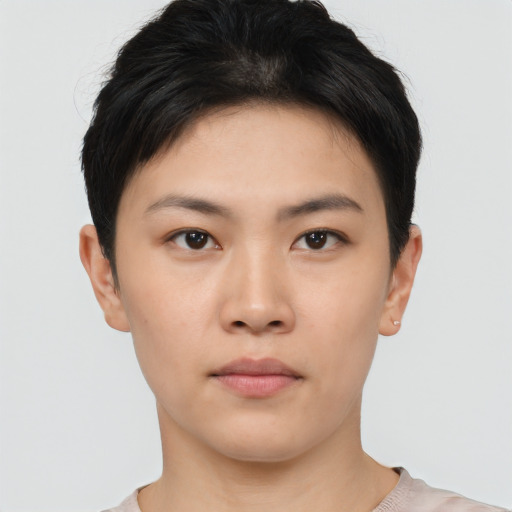 Neutral asian young-adult female with short  black hair and brown eyes