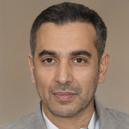 Neutral white adult male with short  black hair and brown eyes