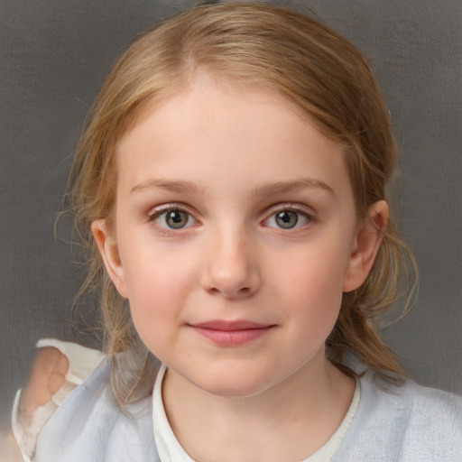 Neutral white child female with medium  brown hair and grey eyes