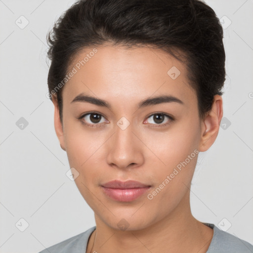 Neutral white young-adult female with short  brown hair and brown eyes