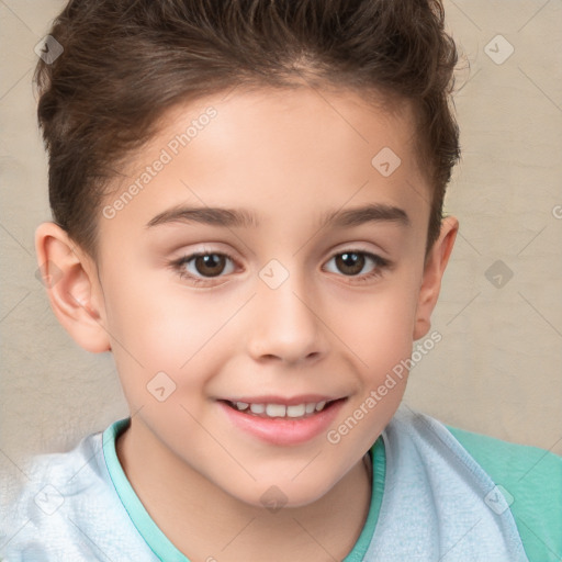 Joyful white child female with short  brown hair and brown eyes