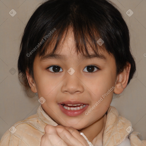 Joyful white child female with medium  brown hair and brown eyes