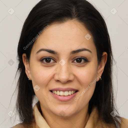 Joyful latino young-adult female with long  brown hair and brown eyes