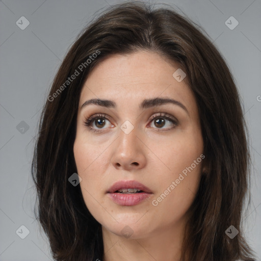 Neutral white young-adult female with medium  brown hair and brown eyes