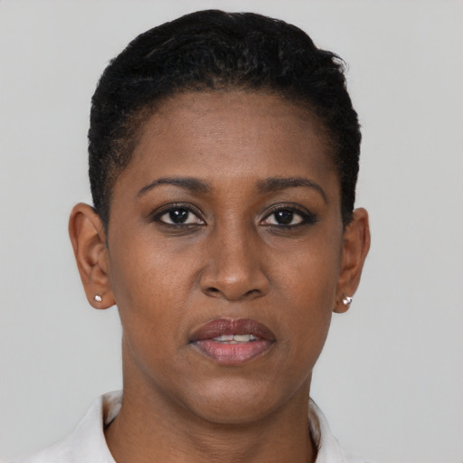Neutral black young-adult female with short  black hair and brown eyes