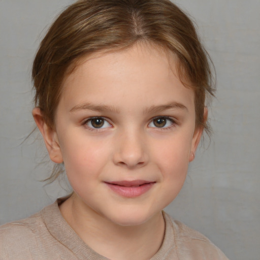 Joyful white child female with medium  brown hair and brown eyes