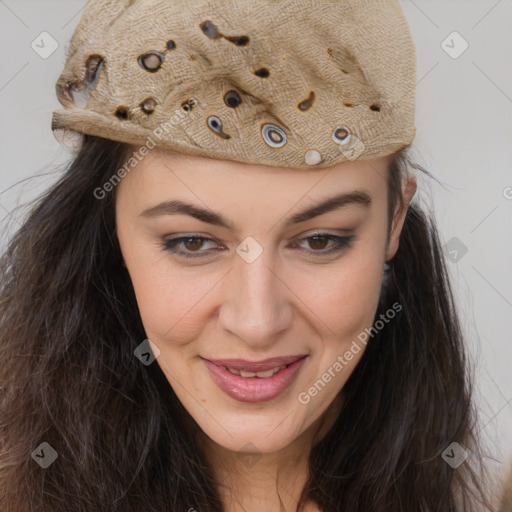 Joyful white adult female with long  brown hair and brown eyes