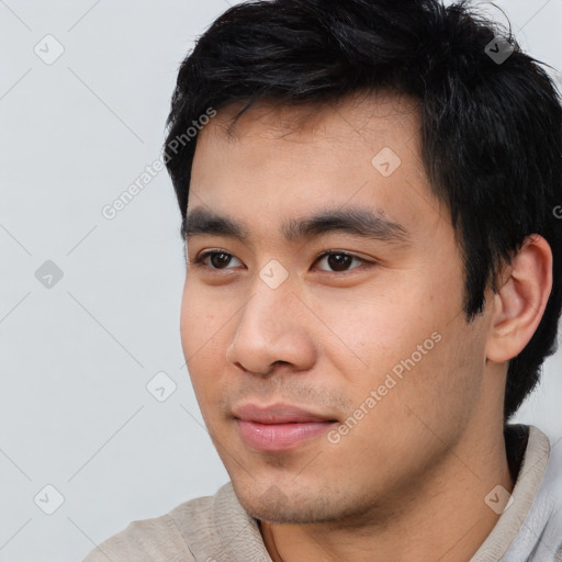 Neutral asian young-adult male with short  black hair and brown eyes