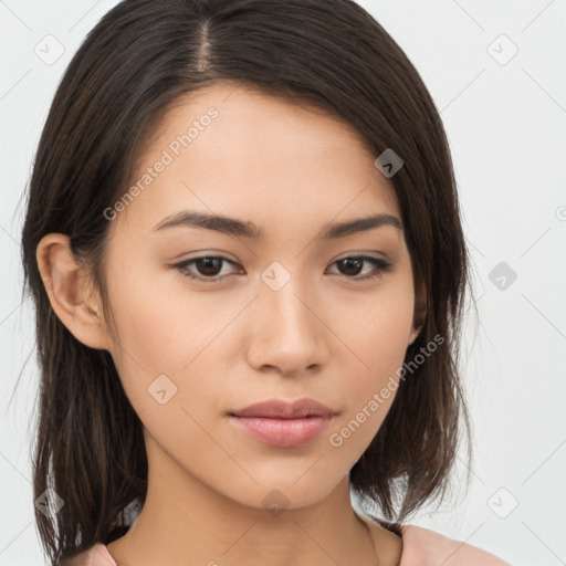 Neutral white young-adult female with medium  brown hair and brown eyes