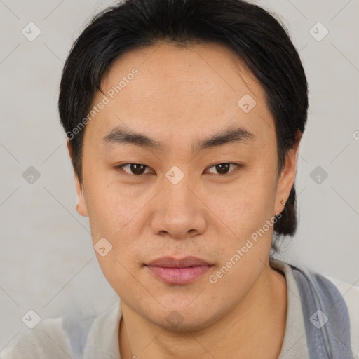 Neutral asian young-adult male with short  brown hair and brown eyes