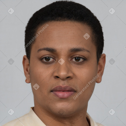 Neutral latino young-adult female with short  black hair and brown eyes