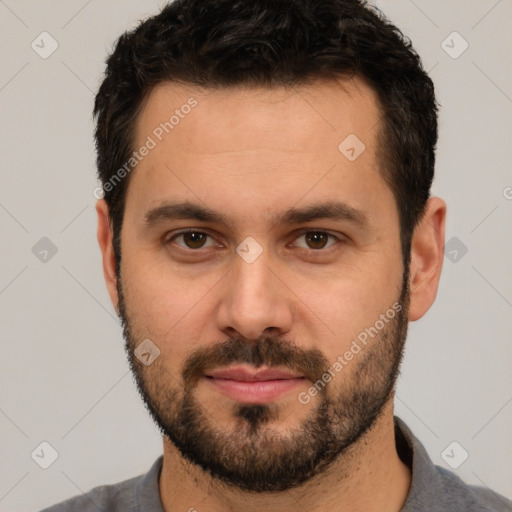 Neutral white young-adult male with short  black hair and brown eyes