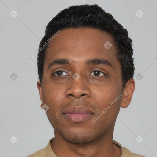 Neutral black adult male with short  black hair and brown eyes
