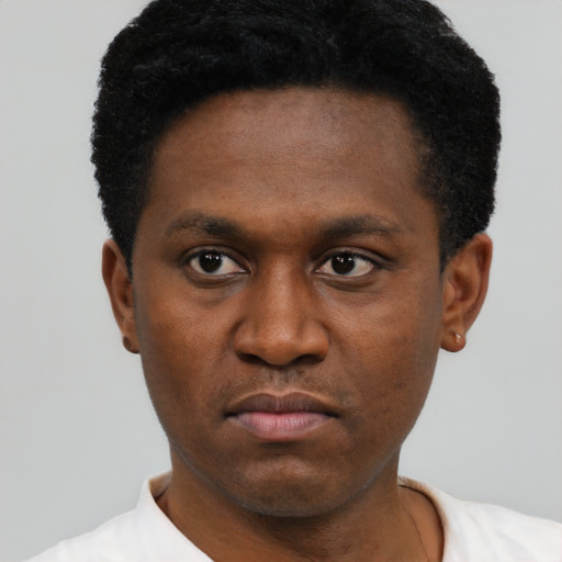 Neutral black young-adult male with short  black hair and brown eyes