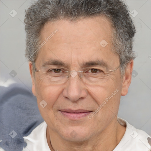 Joyful white middle-aged male with short  brown hair and brown eyes