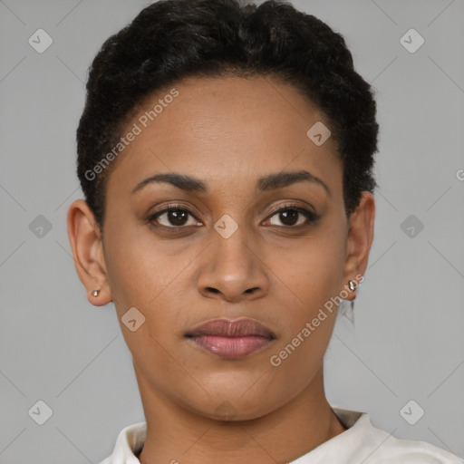 Joyful latino young-adult female with short  brown hair and brown eyes