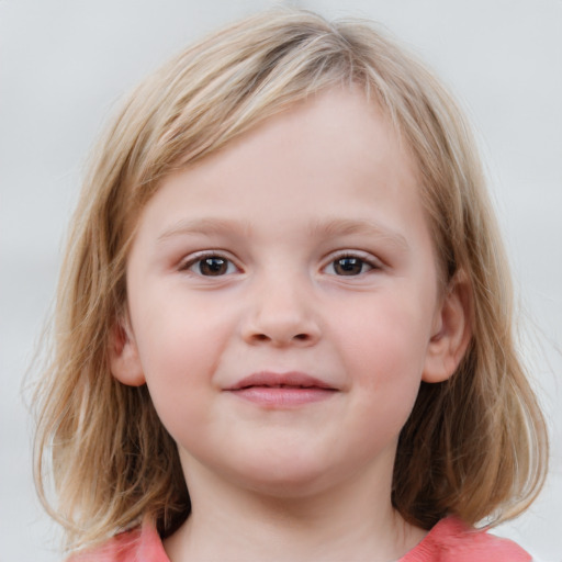 Neutral white child female with medium  brown hair and blue eyes