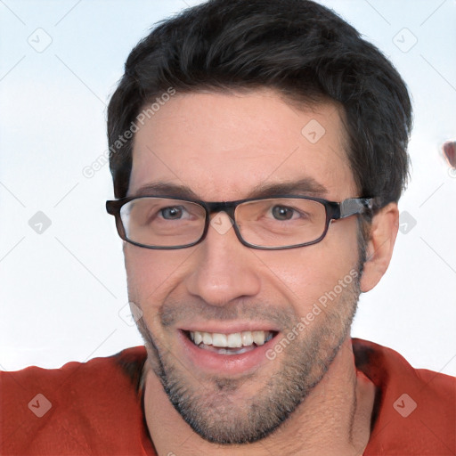 Joyful white young-adult male with short  black hair and brown eyes