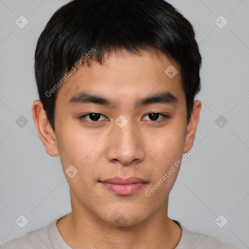 Neutral asian young-adult male with short  brown hair and brown eyes