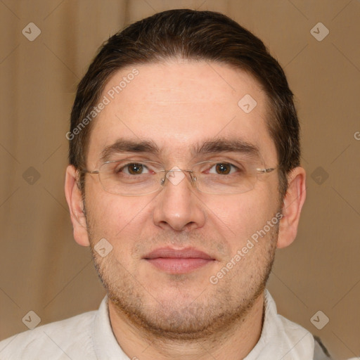 Joyful white adult male with short  brown hair and brown eyes