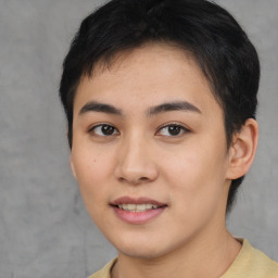 Joyful asian young-adult female with short  brown hair and brown eyes