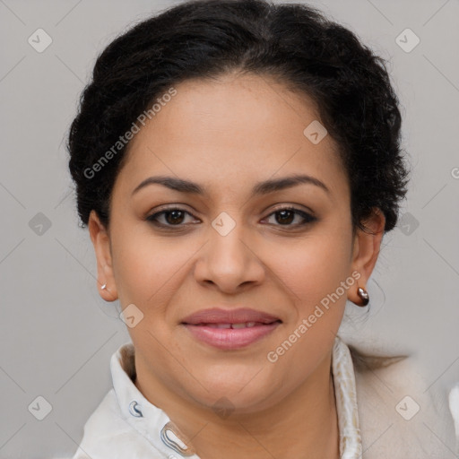 Joyful latino young-adult female with short  brown hair and brown eyes