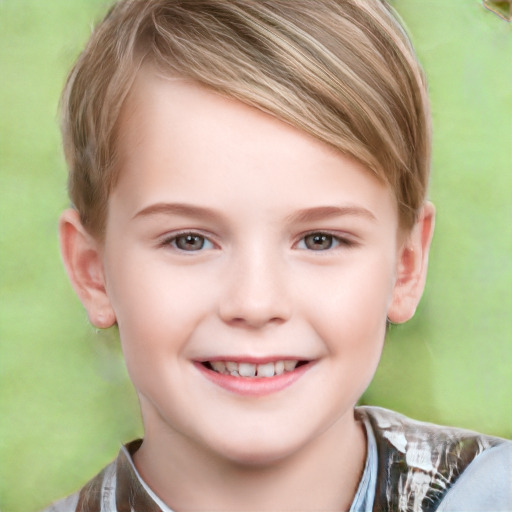 Joyful white child female with short  brown hair and brown eyes