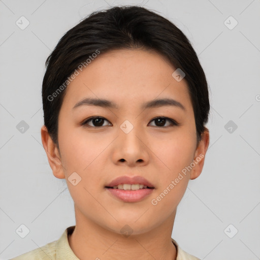 Neutral asian young-adult female with short  brown hair and brown eyes