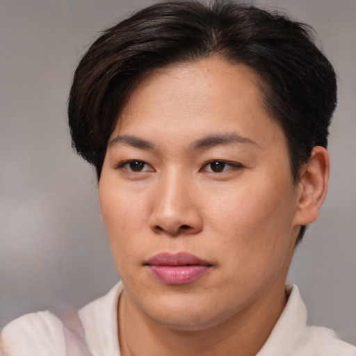 Joyful asian young-adult female with short  brown hair and brown eyes
