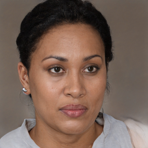 Joyful latino adult female with short  brown hair and brown eyes