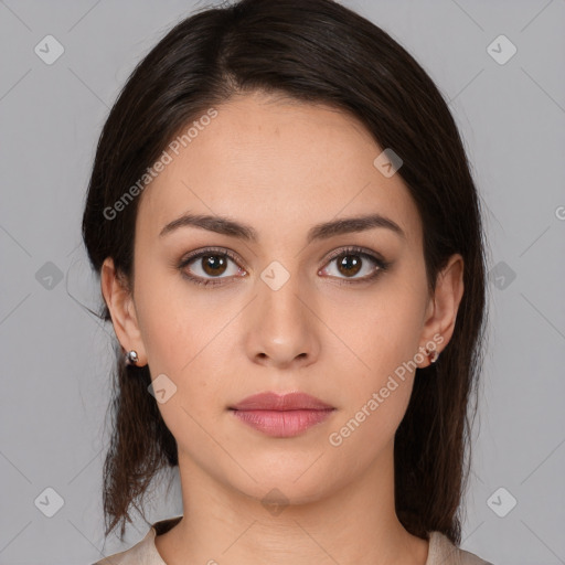 Neutral white young-adult female with medium  brown hair and brown eyes