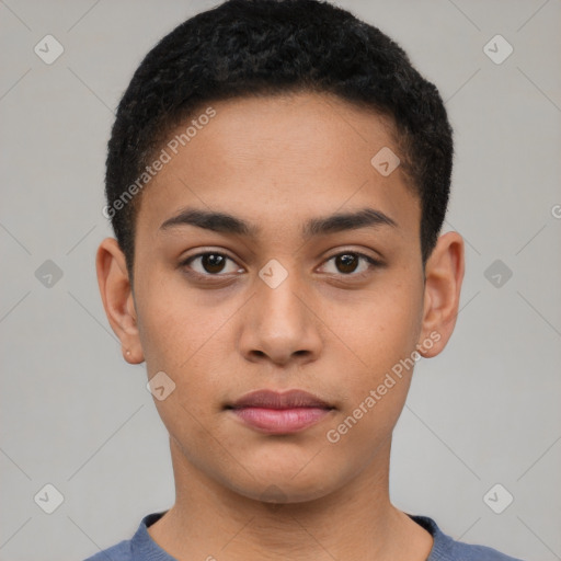 Neutral latino young-adult male with short  black hair and brown eyes