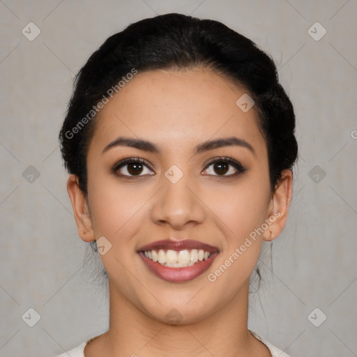 Joyful latino young-adult female with medium  black hair and brown eyes